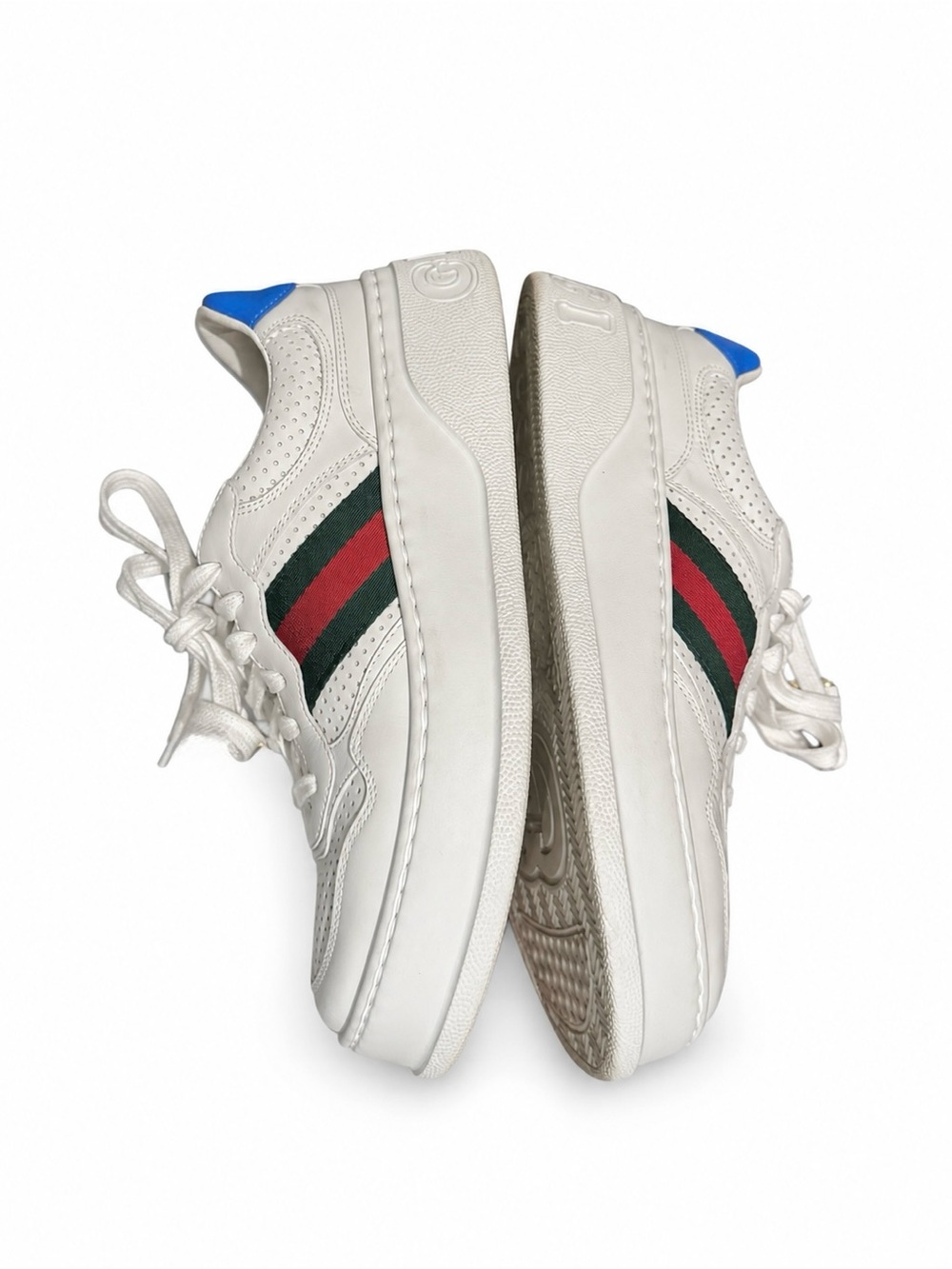 Gucci White Leather Platform Sneaker with Green and Red Web and Blue Heel - Picture 6 of 13